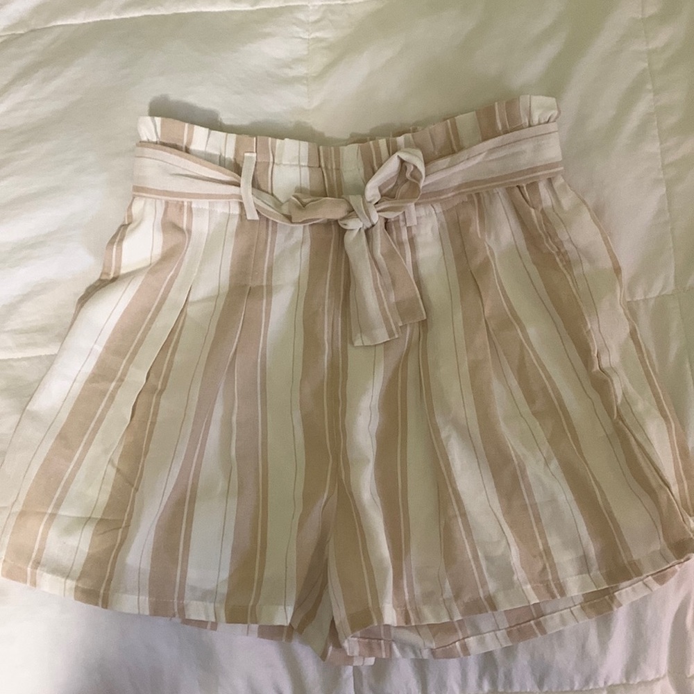 Cream and white stripped paper bag shorts